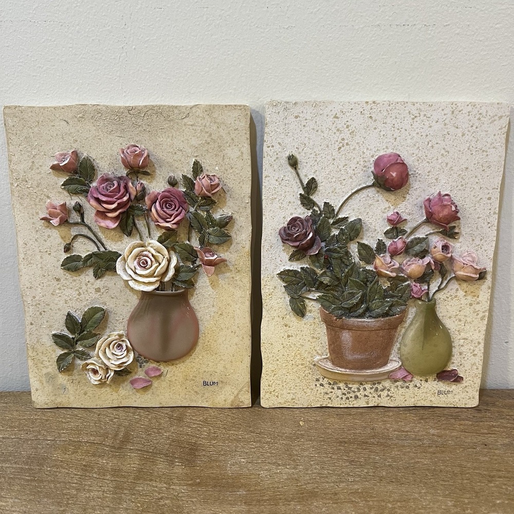 Vintage Cheri Blum 3D Floral Wall Plaques Roses Resin Relief Art Tile Set of 2